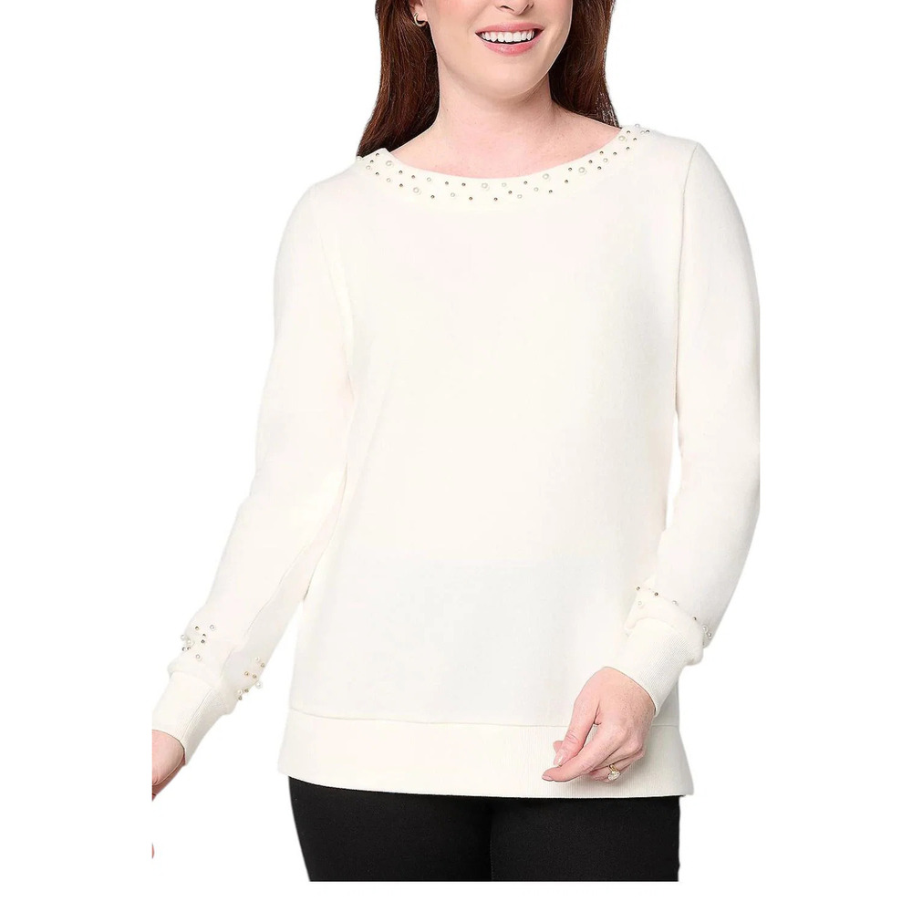 Jingle Belles by Kim Gravel Women's Simulated Pearl Boatneck Top Cream - Regular
